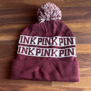 PINK Victoria's Secret Maroon and White Pom Knit Beanie